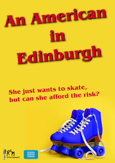A blue shoes with white laces on a yellow background
Description automatically generated